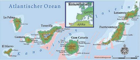 Törn Kanaren - Karte der Inseln im Atlantischen Ozean - Segelschule Frank Lochte